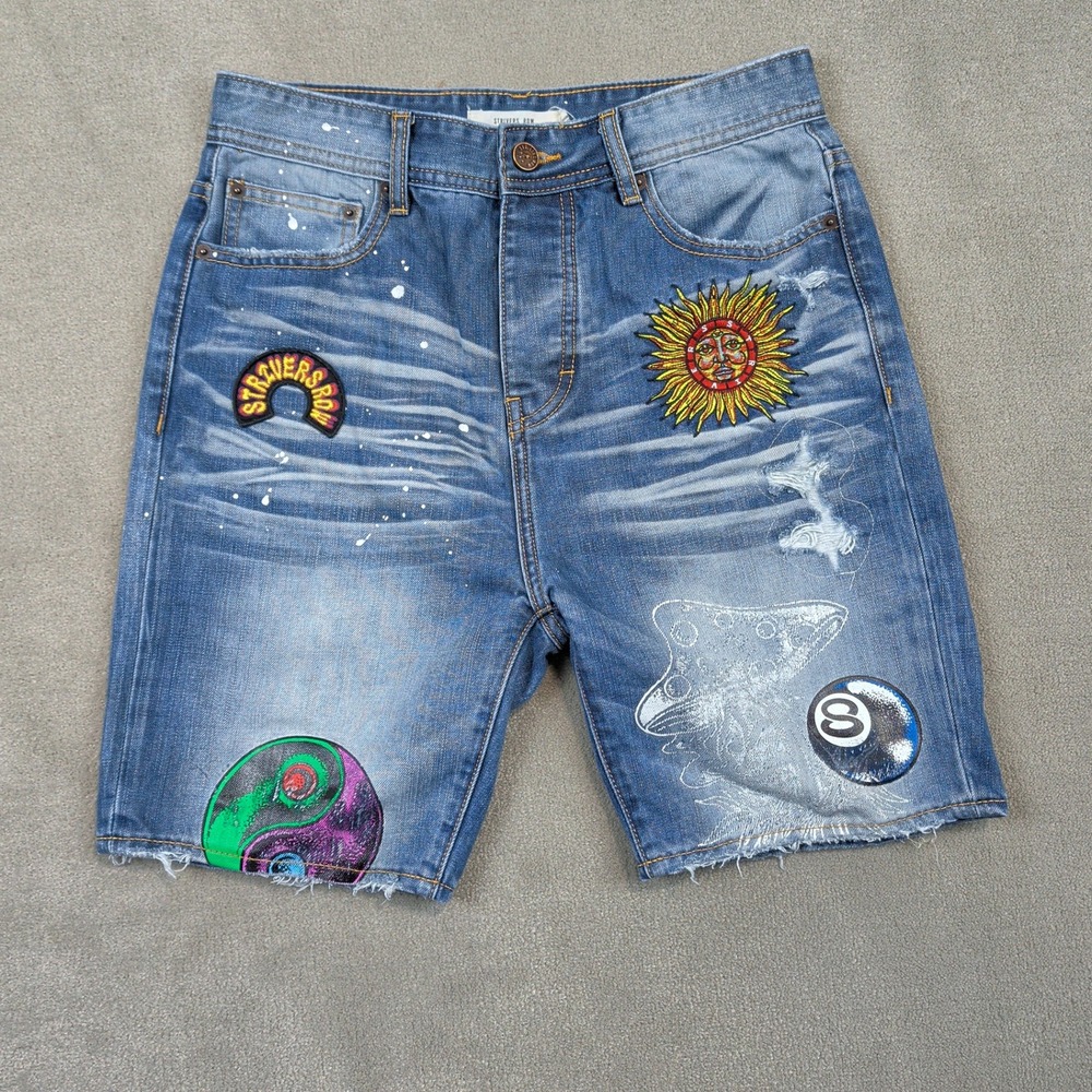 Strivers Row Denim Shorts Mens 30 Blue Patched Paint Splatter Distressed Button